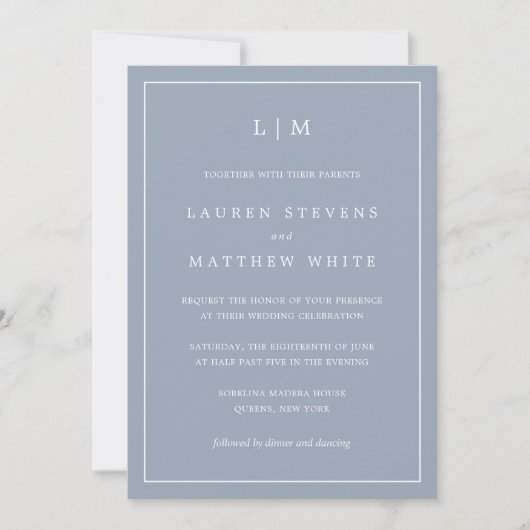 Simple Dusty Blue Monogram Elegant Wedding Einladung (Vorderseite)