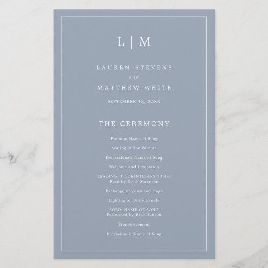 Simple Dusty Blue Monogram Elegant Wedding Program (Vorderseite)