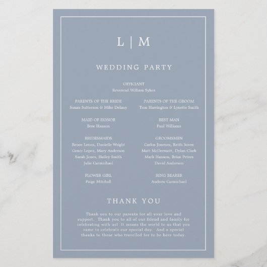 Simple Dusty Blue Monogram Elegant Wedding Program (Rückseite)