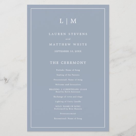 Simple Dusty Blue Monogram Elegant Wedding Program Flyer (Vorne)