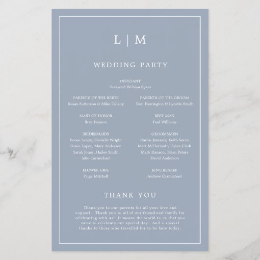 Simple Dusty Blue Monogram Elegant Wedding Program Flyer (Hinten)
