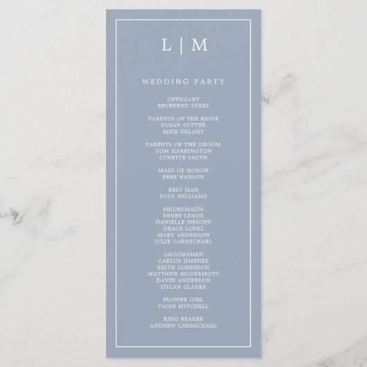 Simple Dusty Blue Monogram Elegant Wedding Programm (Rückseite)