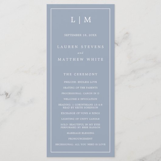 Simple Dusty Blue Monogram Elegant Wedding Programm (Vorderseite)
