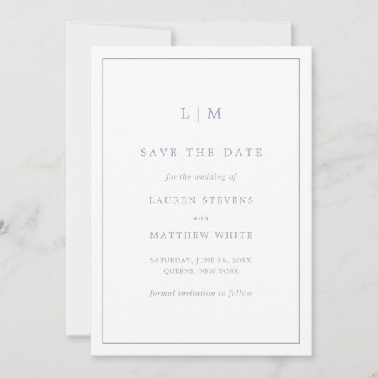 Simple Dusty Blue Monogram Elegant Wedding Save The Date (Vorderseite)