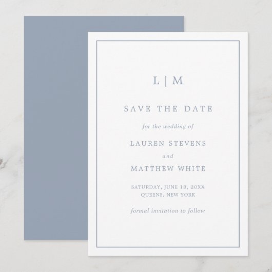Simple Dusty Blue Monogram Elegant Wedding Save The Date (Vorne/Hinten)