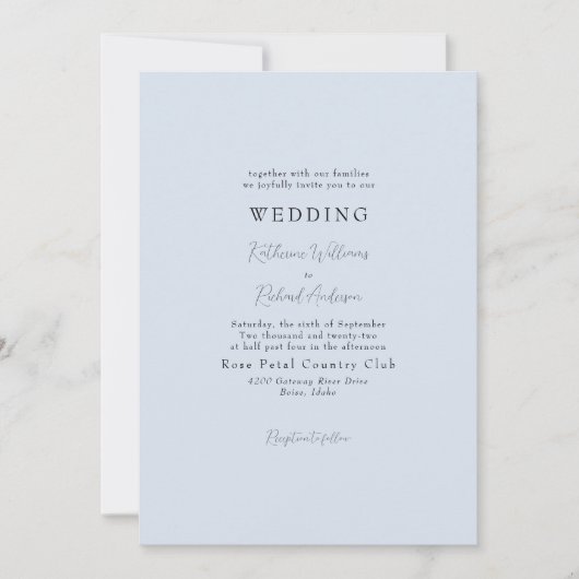 Simple Dusty Blue No Parters Wedding Einladung (Vorderseite)