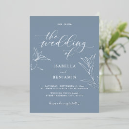 Simple Dusty Blue Silver Script Botanical Wedding Folieneinladung