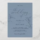 Simple Dusty Blue Silver Script Botanical Wedding Folieneinladung (Vorderseite)
