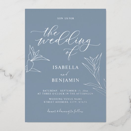 Simple Dusty Blue Silver Script Botanical Wedding Folieneinladung (Vorderseite)
