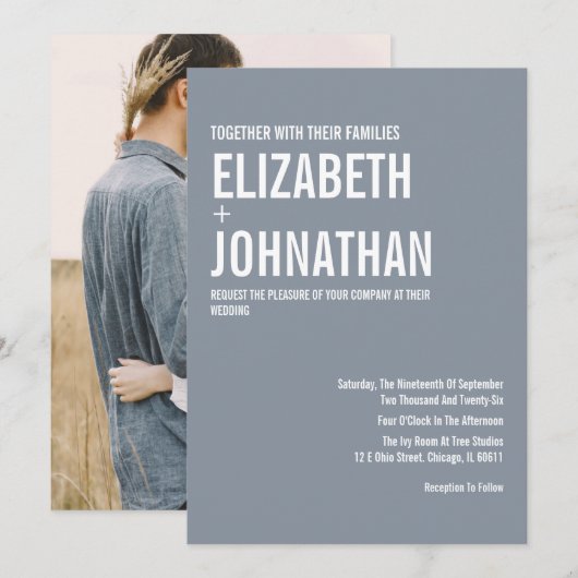 Simple Dusty Blue Typografy Wedding Foto Einladung (Vorne/Hinten)