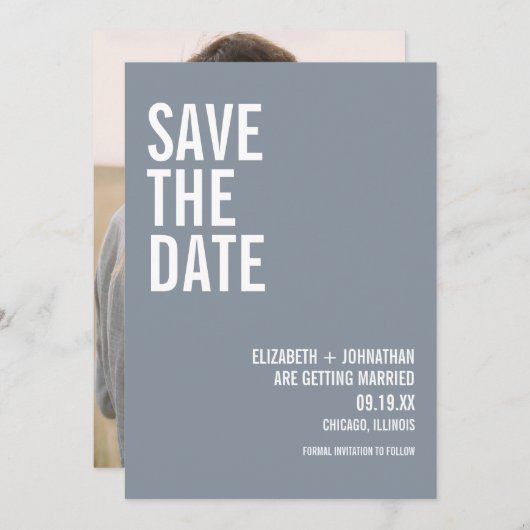 Simple Dusty Blue Typografy Wedding Foto Save The Date (Vorne/Hinten)