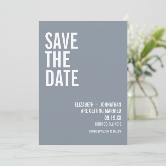 Simple Dusty Blue Typografy Wedding Save The Date (Stehend Vorderseite)