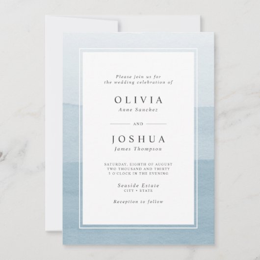 Simple Dusty Blue Watercolor Ombre Wedding Einladung (Vorderseite)