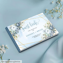 Simple Dusty Blue White Gold Blume Gästebuch