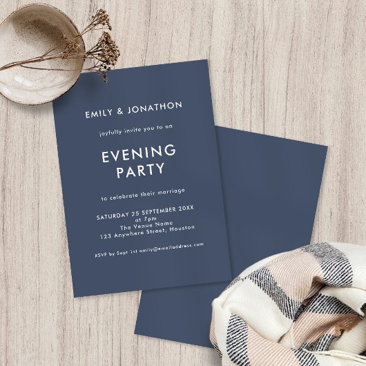 Simple Dusty Navy Blue Wedding Abend Party Einladung