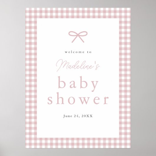 Simple Dusty Pink Gingham Girl Baby Dusche Willkom Poster (Vorne)