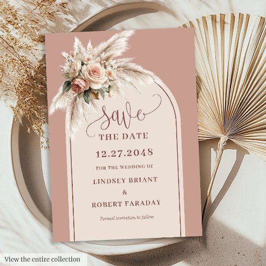 Simple Dusty Pink Pampas Grass Save the Date Card Einladung