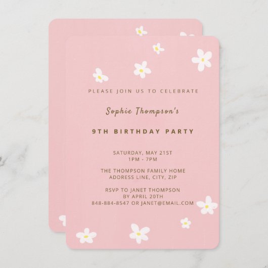 Simple Dusty Rose Niedlich Daisies Girl Birthday P Einladung (Vorne/Hinten)