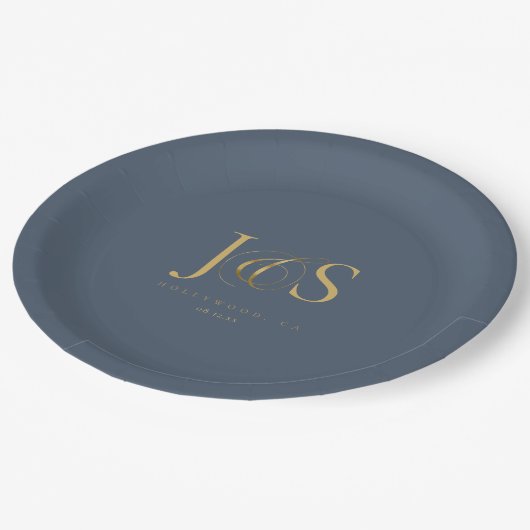 Simple Elegance Wedding Initials Blue ID1022 Pappteller (Schrägansicht)