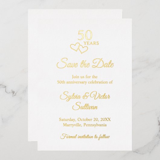 Simple Elegant 50th Wedding Anniversary Gold Heart Folieneinladung (Vorderseite/Rückseite)