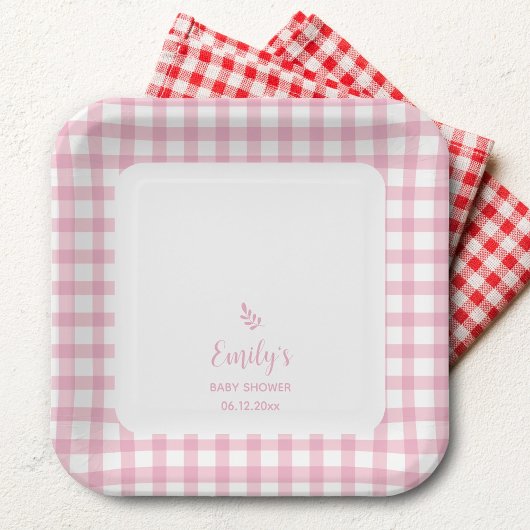 Simple Elegant Baby Pink Gingham Girl Baby Shower Pappteller