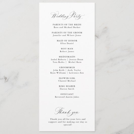Simple elegant black calligraphy wedding program programm (Rückseite)