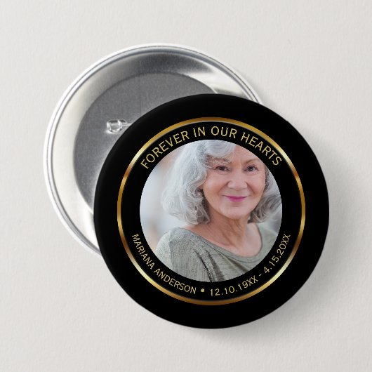 Simple Elegant Black & Gold Celebration of Life  Button (Vorne & Hinten)