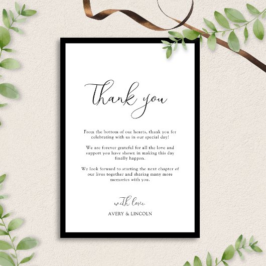 Simple Elegant Black & White Border Script Wedding Dankeskarte