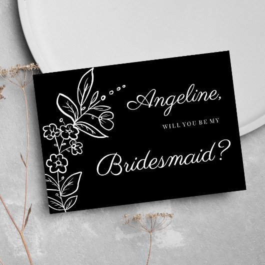 Simple elegant black white floral Bridesmaid Einladung