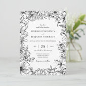 Simple Elegant Black White Floral Garden Wedding Einladung (Stehend Vorderseite)