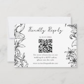 Simple Elegant Black White Floral QR Code Wedding RSVP Karte (Vorderseite)