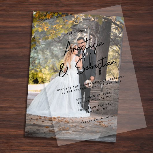 Simple Elegant Black & White Script Photo Wedding Pergament Einladungen