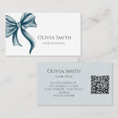Simple Elegant Blue Bow QR Code Visitenkarte (Vorne/Hinten)