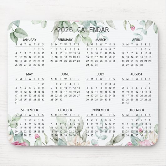 Simple Elegant Botanical 2026 Calendar | Mousepad (Vorne)
