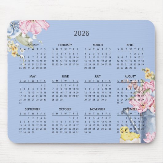 Simple Elegant Botanical 2026 Calendar | Mousepad (Vorne)