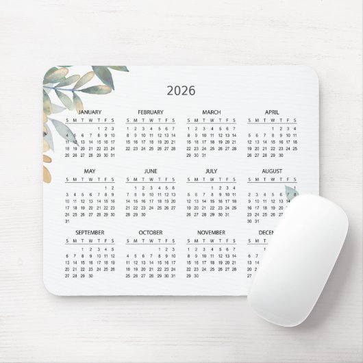Simple Elegant Botanical 2026 Calendar | Mousepad (Mit Mouse)
