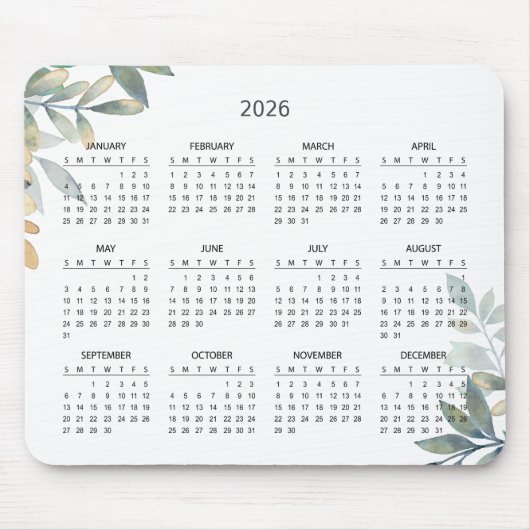 Simple Elegant Botanical 2026 Calendar | Mousepad (Vorne)