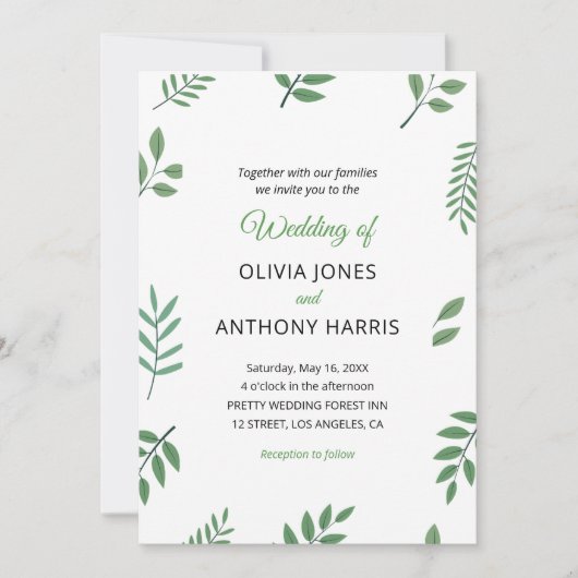 Simple Elegant Botanical Greenery Leaves Wedding  Einladung (Vorderseite)