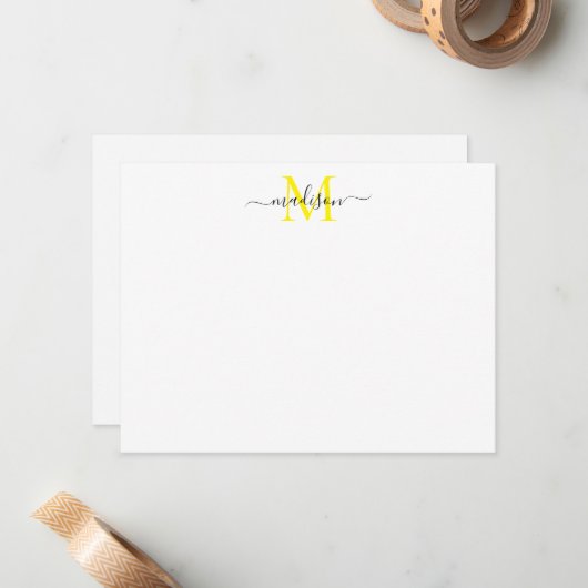 SImple Elegant Chic Girly Script Monogram Yellow Mitteilungskarte (Vorderseite/Rückseite Beispiel)