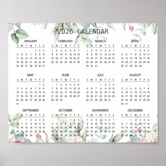 Simple Elegant Floral Botanical 2026 Calendar | Poster (Vorne)