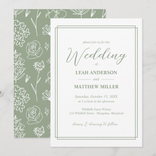 Simple Elegant Floral Pattern Wedding Invitation Einladung (Vorne/Hinten)