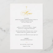 Simple Elegant Gold Cross Calligraphy Baptism Menu Folieneinladung (Vorderseite)