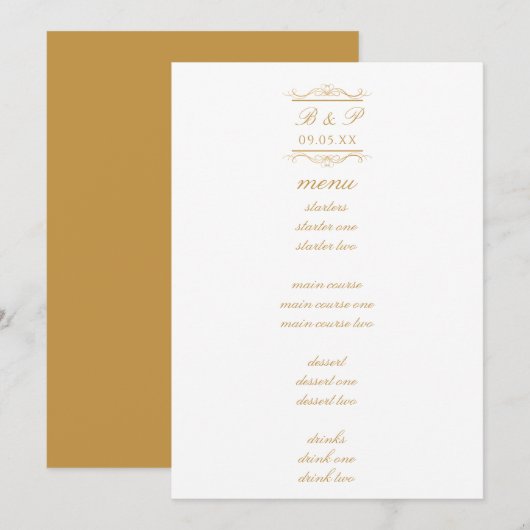 Simple Elegant Gold Monogram Wedding Menu Card (Vorne/Hinten)