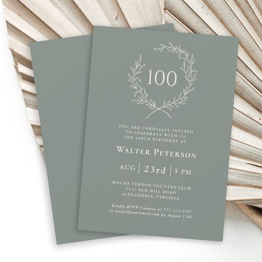 Simple Elegant Laurel Wreath 100. Geburtstag Einladung