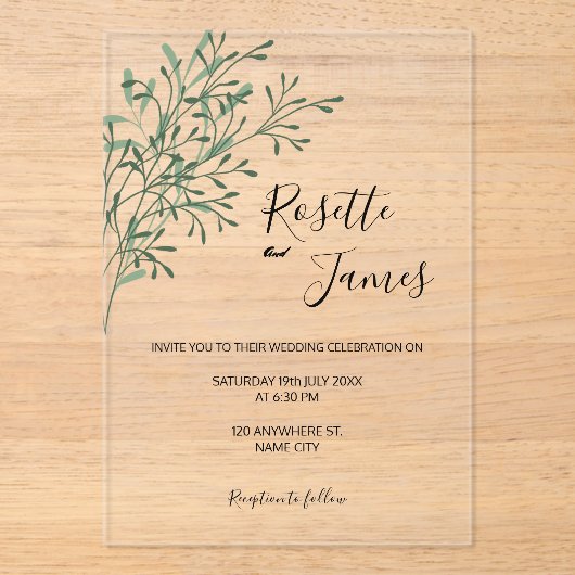 Simple Elegant Modern Greenery wedding Acryleinladungen (Vorderseite)