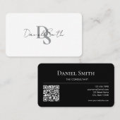Simple Elegant Monogram Initial QRcode Black White Visitenkarte (Vorne/Hinten)