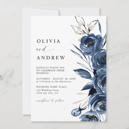 Simple Elegant Navy Blue Boho Floral Wedding Einladung (Vorderseite)