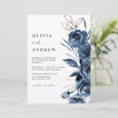 Simple Elegant Navy Blue Boho Floral Wedding Einladung (Stehend Vorderseite)