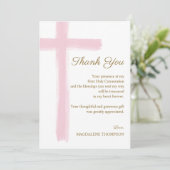 Simple Elegant Pink Cross First Holy Communion Dankeskarte (Stehend Vorderseite)