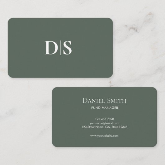 Simple Elegant Professionals Muted Green Initials Visitenkarte (Vorne/Hinten)